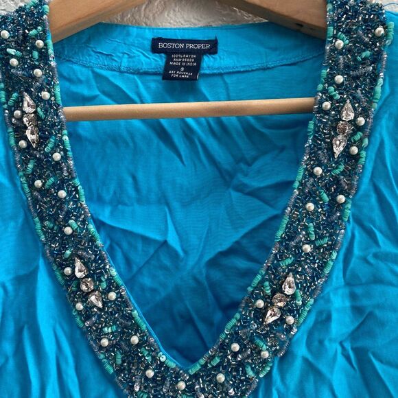 Boston Proper Embroidered Blouse Tunic Shirt Top Blue Rayon Size Small - Picture 2 of 4